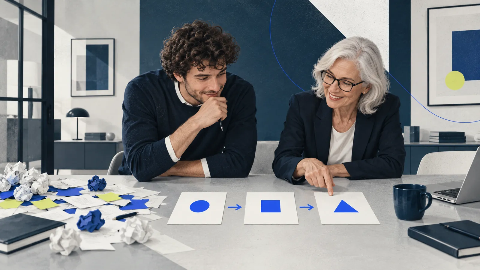 Deux collègues examinent trois cartes de priorités simples posées sur la table, à côté de notes froissées désormais écartées.