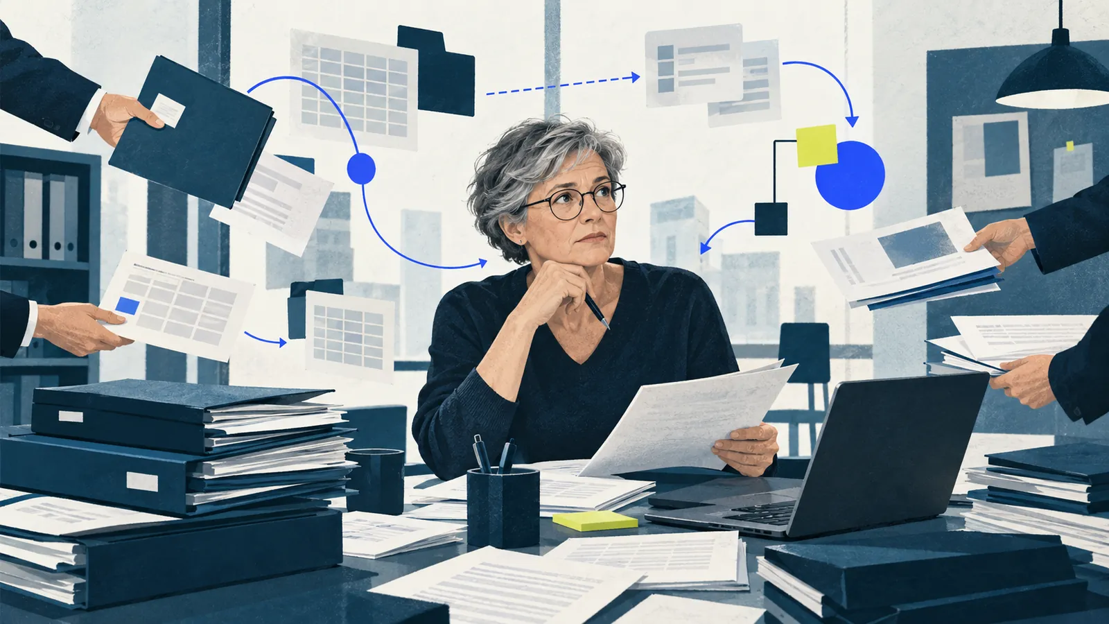 Une professionnelle concentrée reçoit de toutes parts dossiers et documents pendant que plusieurs flux d’informations réclament son attention.